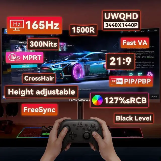 Alt view image 2 of 5 - Raywego 34 Inch Ultrawide Monitor 3440 x 1440P Curved Gaming Monitor,Swivel/Height Adjustable,21:9 Aspect Ratio with RGB Backlight,165Hz 127% sRGB 4000:1 Contrast Ratio,PIP/PBP Black,2026