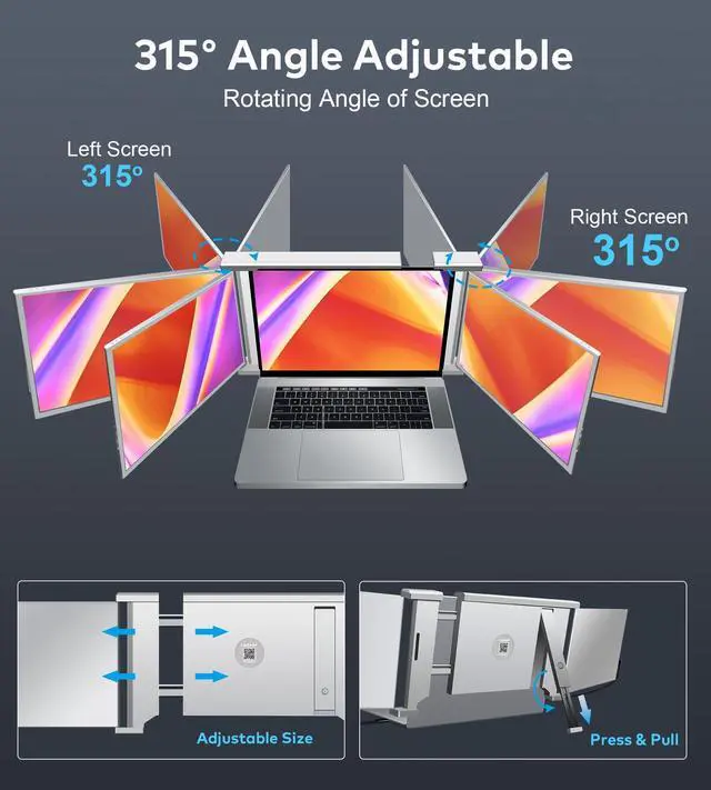 Alt view image 5 of 5 - Laptop Screen Extender, 14" FHD 1080P IPS Laptop Monitor Extender, 315° Rotation Triple Portable Monitor for 13.5" -16.5" Laptops, Type-C/HDMI/USB-A Plug & Play for Wins, Mac, Android, Switch