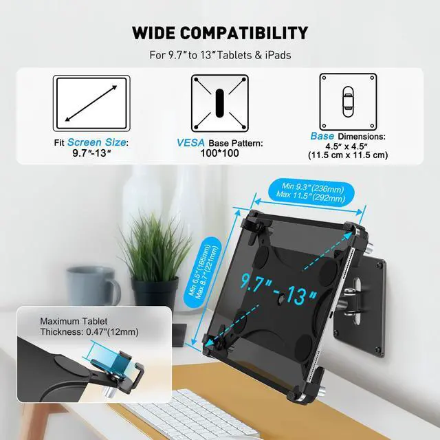 Alt view image 3 of 5 - AboveTEK Universal Tablet Wall Mount, Anti-Theft iPad Mount with Locking Enclosure for 9.7"-13" Screen, Heavy-Duty Aluminum Kiosk for Business POS Display, Adjustable 360° Swivel & Tilt VESA Mount