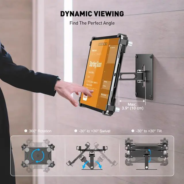 Alt view image 5 of 5 - AboveTEK Universal Tablet Wall Mount, Anti-Theft iPad Mount with Locking Enclosure for 9.7"-13" Screen, Heavy-Duty Aluminum Kiosk for Business POS Display, Adjustable 360° Swivel & Tilt VESA Mount