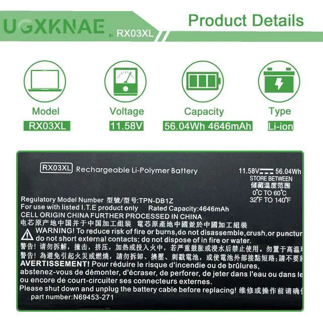 Alt view image 2 of 5 - UGXKNAE RX03XL Laptop Battery Replacement for HP EliteBook 630 640 645 660 G11 ProBook 440 445 460 465 G11 Series HSTNN-WB0H N70706-005 N69453-CF1 TPN-IB1C N69452-171 11.58V 56.04Wh 4646mAh