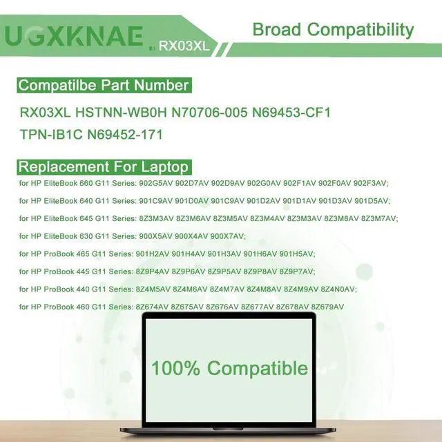 Alt view image 5 of 5 - UGXKNAE RX03XL Laptop Battery Replacement for HP EliteBook 630 640 645 660 G11 ProBook 440 445 460 465 G11 Series HSTNN-WB0H N70706-005 N69453-CF1 TPN-IB1C N69452-171 11.58V 56.04Wh 4646mAh