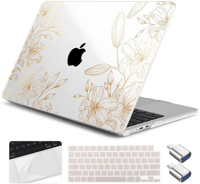 Main image of Yebiseven for M4 MacBook Air 15 inch Case 2025 2024 2023 Released A3241 A3114 M3 A2941 M2, Hard Shell Laptop Case with Keyboard Cover & Trackpad Film & 2 OTG Adapters, Golden Floral