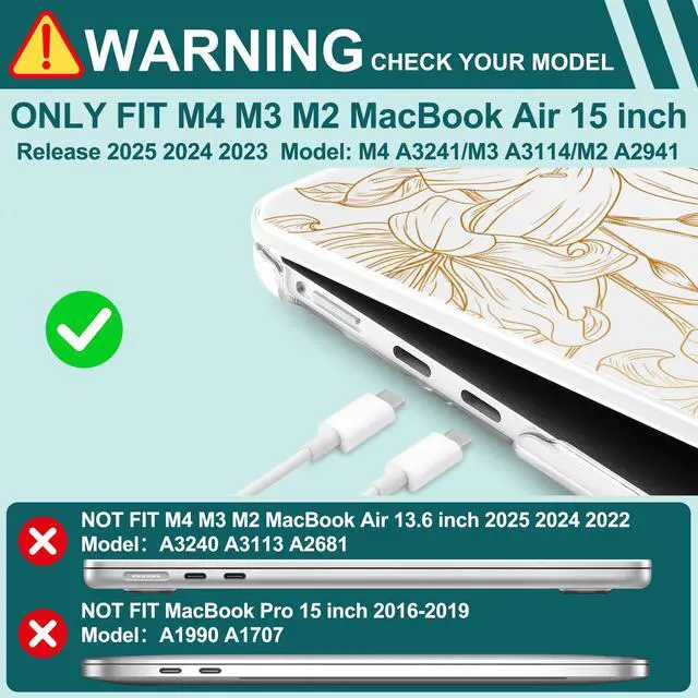 Alt view image 4 of 5 - Yebiseven for M4 MacBook Air 15 inch Case 2025 2024 2023 Released A3241 A3114 M3 A2941 M2, Hard Shell Laptop Case with Keyboard Cover & Trackpad Film & 2 OTG Adapters, Golden Floral