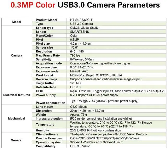 Alt view image 3 of 5 - HTENG VISHI High Speed USB3.0 1/5.6" 0.3MP Machine Vision Global Shutter Color Digital Industrial Camera C-Mouth Supports Windows and Linux SDK Area Scan Camera 640x480 790FPS Indoor