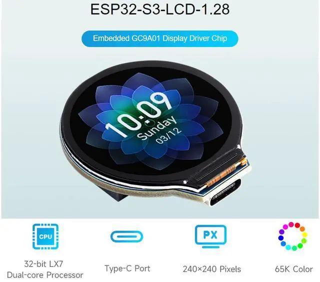 Alt view image 2 of 5 - ESP32-S3 Development Board with 1.28inch Round LCD IPS Display 240 x240 Pixel, 32-bit LX7 Dual-Core Processor, GC9A01 Display Driver Chip,Support 2.4GHz W-i-F-i (802.11 b/g/n) and Blue-Tooth 5 (BLE)