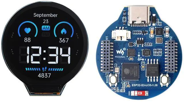 Main image of ESP32-S3 Development Board with 1.28inch Round LCD IPS Display 240 x240 Pixel, 32-bit LX7 Dual-Core Processor, GC9A01 Display Driver Chip,Support 2.4GHz W-i-F-i (802.11 b/g/n) and Blue-Tooth 5 (BLE)