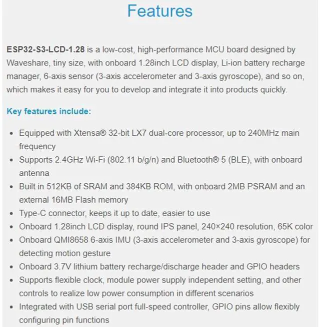 Alt view image 4 of 5 - ESP32-S3 Development Board with 1.28inch Round LCD IPS Display 240 x240 Pixel, 32-bit LX7 Dual-Core Processor, GC9A01 Display Driver Chip,Support 2.4GHz W-i-F-i (802.11 b/g/n) and Blue-Tooth 5 (BLE)