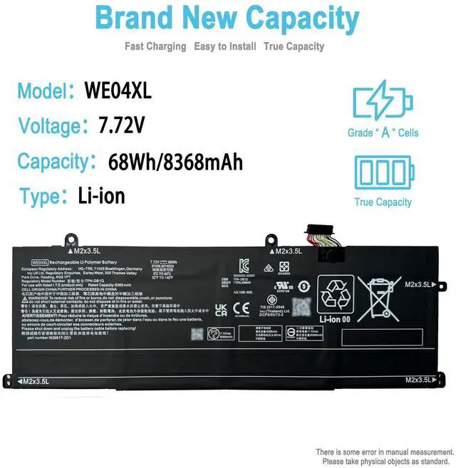 Alt view image 2 of 5 - TAICROWNE 68Wh WE04XL Replacement Laptop Battery for HP Pavilion Plus 14-ew Pavilion Plus 14t-ew000 90N62PA 93T28PA Envy x360 16-AC0023TU Series WE04068XL N39857-005 TPN-DB1Q 8368mAh 7.72V