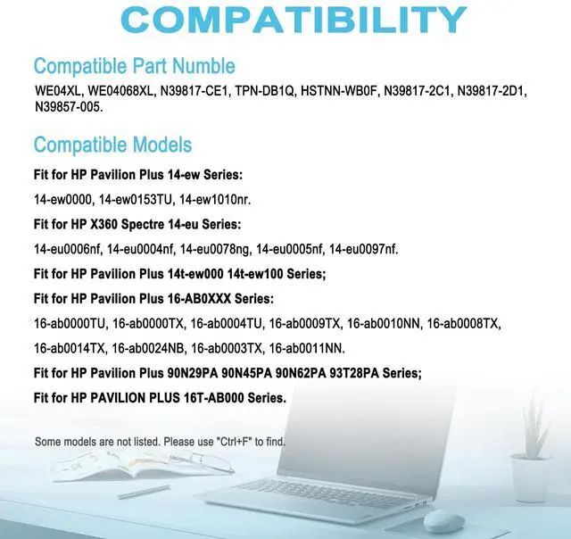 Alt view image 5 of 5 - TAICROWNE 68Wh WE04XL Replacement Laptop Battery for HP Pavilion Plus 14-ew Pavilion Plus 14t-ew000 90N62PA 93T28PA Envy x360 16-AC0023TU Series WE04068XL N39857-005 TPN-DB1Q 8368mAh 7.72V