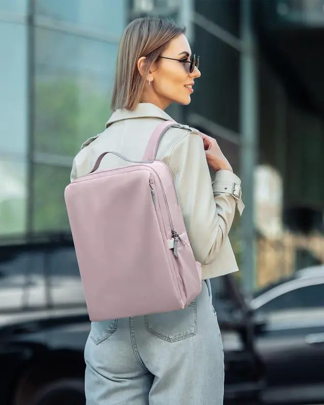 Alt view image 2 of 5 - Outplea 15.6" Simple Laptop Backpack for Women, Pink Travel Backpack with Luggage Strap for Airplane