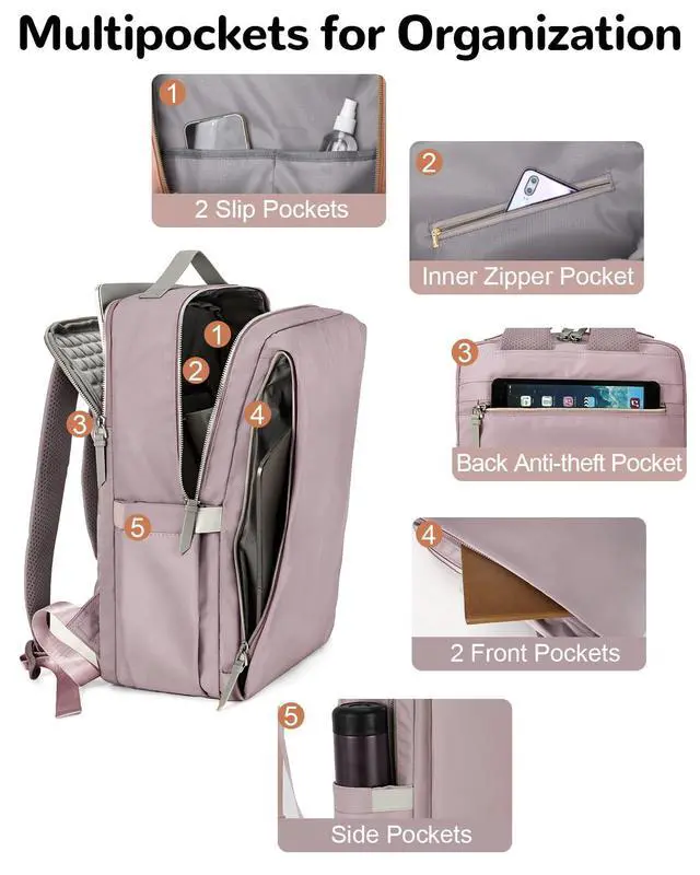 Alt view image 5 of 5 - Outplea 15.6" Simple Laptop Backpack for Women, Pink Travel Backpack with Luggage Strap for Airplane