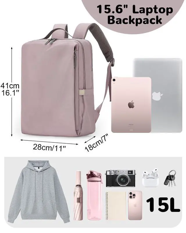 Alt view image 3 of 5 - Outplea 15.6" Simple Laptop Backpack for Women, Pink Travel Backpack with Luggage Strap for Airplane
