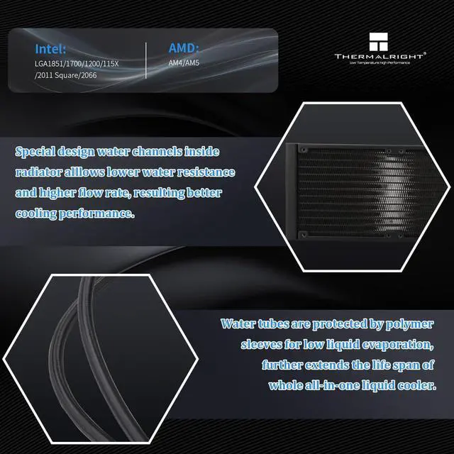 Alt view image 4 of 5 - Thermalrlght Aqua Elite 240 V6 ARGB Black Liquid CPU Cooler-240mm AIO,PWM Pump,for AM4/AM5, Intel LGA1851/1700,Direct Motherboard Connection