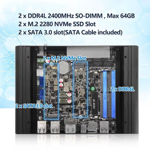 Alt view image 4 of 5 - Glovary Mini PC Firewall Quad Core J6413, 4 x i226V 2.5GbE LAN Micro OPNsense Appliance, 2 x NVMe Slot, 2 x SATA3.0, AES-NI, 2HD+USB-C 3 Display, 5USB Port, TF, DDR4 8GB RAM 128GB SSD