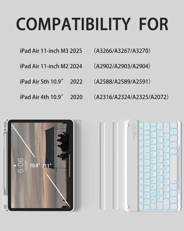 Alt view image 2 of 5 - SQBEBS Case with Keyboard for iPad Air 11 inch M3/M2 2025/2024, iPad Air 5th/4th Generation 10.9 inch, 7 Colors Backlit Detachable Bluetooth Keyboard, Stand Folio Cover with Pencil Holder, Gray
