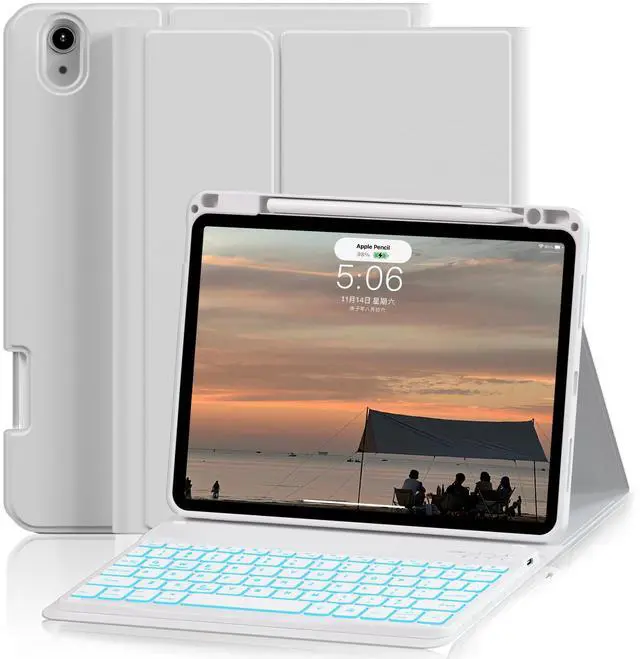 Main image of SQBEBS Case with Keyboard for iPad Air 11 inch M3/M2 2025/2024, iPad Air 5th/4th Generation 10.9 inch, 7 Colors Backlit Detachable Bluetooth Keyboard, Stand Folio Cover with Pencil Holder, Gray