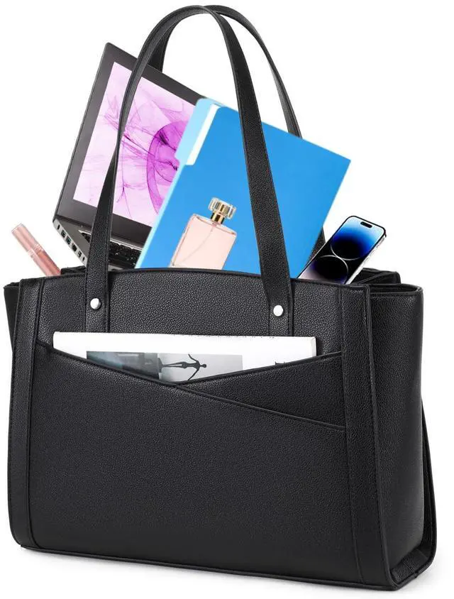 Main image of MYHOZEE Black Work Tote Bag for Wmen - Laptop Bag 15.6 Inch Vintage Leather Computer Bag Large Office Purse Satchel Hanbag with 3 Compartment for Work/Travel/College