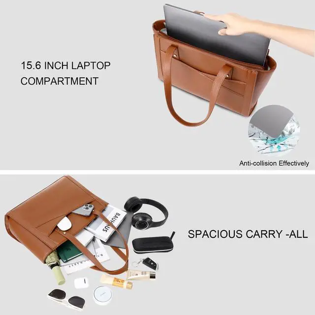 Alt view image 4 of 5 - MYHOZEE Black Work Tote Bag for Wmen - Laptop Bag 15.6 Inch Vintage Leather Computer Bag Large Office Purse Satchel Hanbag with 3 Compartment for Work/Travel/College