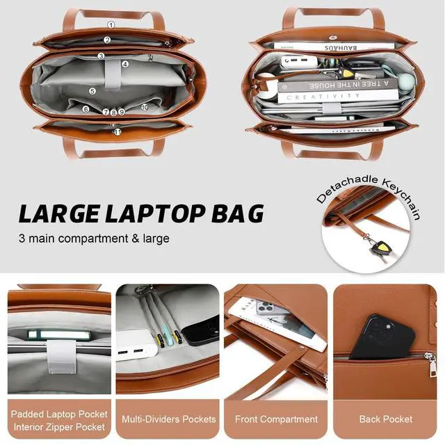 Alt view image 3 of 5 - MYHOZEE Black Work Tote Bag for Wmen - Laptop Bag 15.6 Inch Vintage Leather Computer Bag Large Office Purse Satchel Hanbag with 3 Compartment for Work/Travel/College