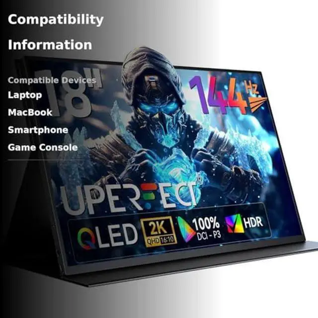 Alt view image 3 of 5 - UPERFECT 18" QLED Portable Monitor, 2K 2560×1600, 144Hz Gaming Display, 500 Nits Brightness, FreeSync HDR, 100% DCI-P3, Ultra-Slim USB-C/HDMI Monitor for Laptop MacBook Phone Game Console, VESA Mount
