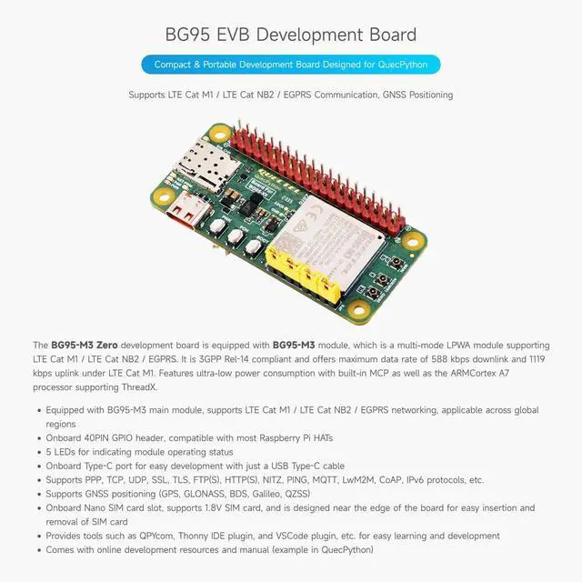 Alt view image 3 of 5 - Waveshare BG95 EVB Development Board Designed for QuecPython, Low Power Consumption, Supports LTE/EGPRS Communication and GNSS Positioning