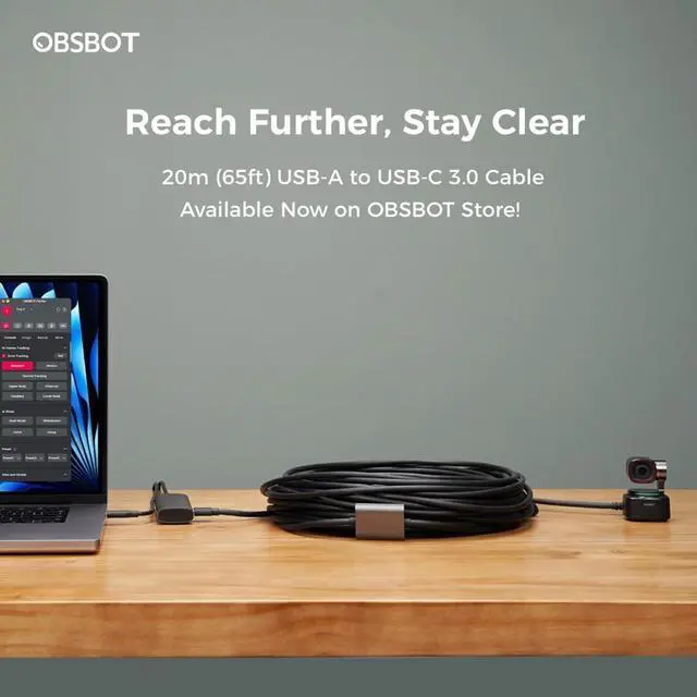 Alt view image 2 of 4 - OBSBOT USB-A to USB-C 3.0 Cable 65ft/20m, Webcam Cable, Easy Setup from a Distance,Ultra HD 4K High-Speed Data Transfer, Compatibility Tail Air/Tiny 2/Meet 2/Tiny 2 LIte/Tiny SE/Meet SE