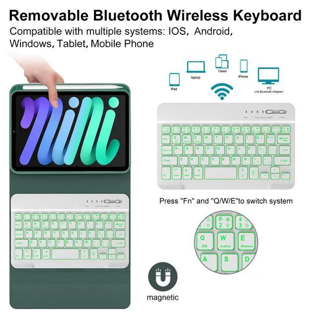 Alt view image 3 of 5 - WINCHKING Backlit Keyboard Case for iPad mini (A17 Pro) 7th Generation/Mini 6th Gen 8.3 Inch,7-Color Backlit,Detachable Wiress Keyboard Folio Case with Pencil Holder for iPad mini 7/6,Dark Green