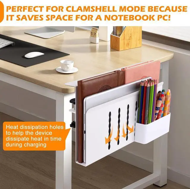 Alt view image 3 of 5 - CIBOTIES Desk Side Storage, Under Desk Laptop Mount, Table Side Hanging File Organizer, No Drill Clamp On Cable Management Tray, Laptop Holder with Magnetic Pen Holder for Office and Home