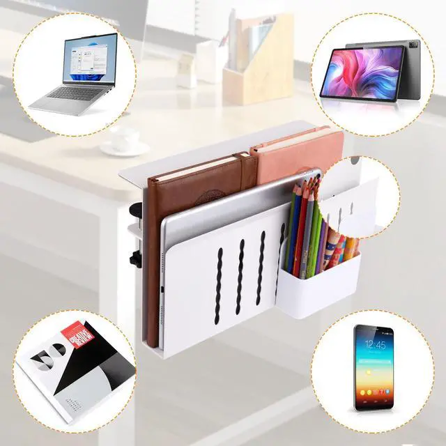 Alt view image 4 of 5 - CIBOTIES Desk Side Storage, Under Desk Laptop Mount, Table Side Hanging File Organizer, No Drill Clamp On Cable Management Tray, Laptop Holder with Magnetic Pen Holder for Office and Home