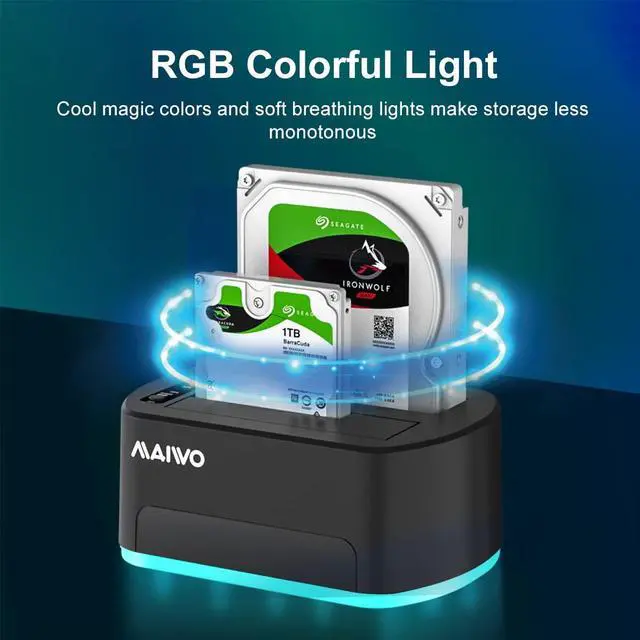 Alt view image 2 of 5 - MAIWO 2 Bay External Hard Drive Docking Station with RGB Light, SATA Drive Offline Cloner Duplicator for 2.5'' 3.5'' HDD/SSD with Power Supply, UASP Supported, Black