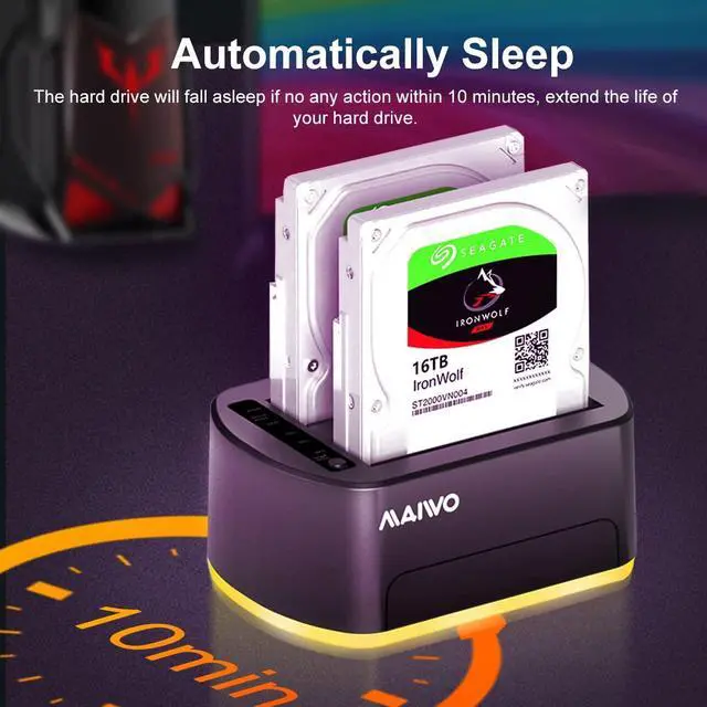 Alt view image 5 of 5 - MAIWO 2 Bay External Hard Drive Docking Station with RGB Light, SATA Drive Offline Cloner Duplicator for 2.5'' 3.5'' HDD/SSD with Power Supply, UASP Supported, Black