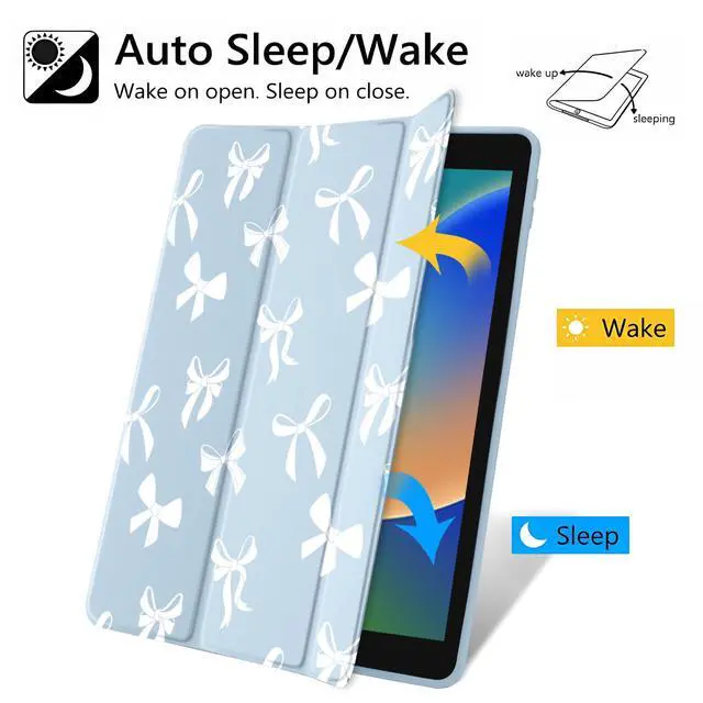 Alt view image 3 of 5 - JOYLAND White Bow Pattern Case for iPad mini 7th(A17 Pro) 2024 / Mini 6th Generation 8.3" 2021,Clear Transparent Acrylic Hard Back Blue Case with Pencil Holder Trifold Stand Tablet Cover