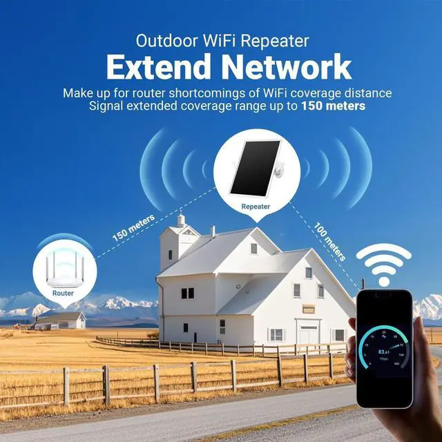 Alt view image 2 of 5 - SECUPOE Solar WiFi Repeater, Outdoor 2.4GHz Wi-Fi Range Extender, 300Mbps Wireless Internet Signal Booster, Built-in 26000mAh Battery, IP66 Waterproof