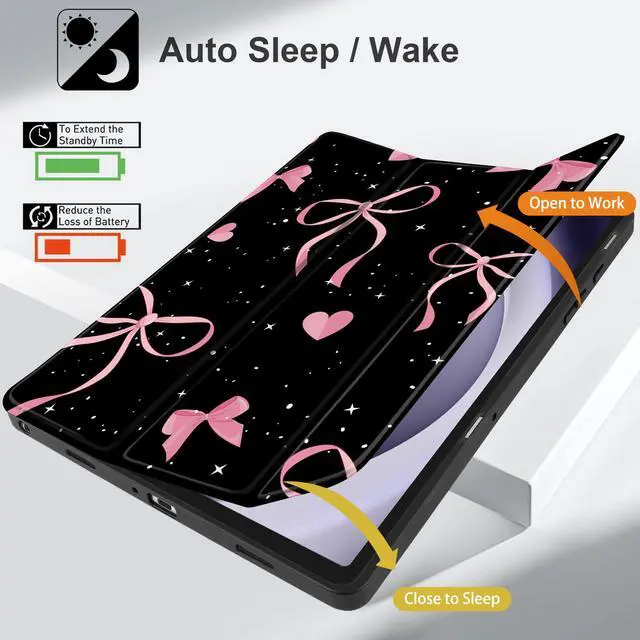 Alt view image 3 of 5 - MEEgoodo Case for Samsung Galaxy Tab A9 Plus 11 inch Cover 2024 2023 with S Pen Holder, A9+ Smart Tablet Cases with Leather Trifold Stand+Soft TPU Back Shell+Smart Auto Wake/Sleep, Pink Ribbons Bows