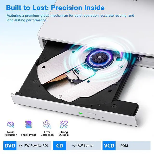 Alt view image 2 of 5 - Haiway External DVD Drive, USB 3.0 Type-C CD DVD Burner, Portable +/-RW CD/DVD Optical Drive Slim CD ROM Reader Writer Player for Laptop Desktop PC MacBook Windows 11/10/8/7 Linux Mac OS (White)