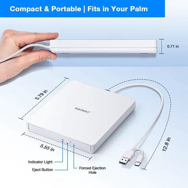 Alt view image 5 of 5 - Haiway External DVD Drive, USB 3.0 Type-C CD DVD Burner, Portable +/-RW CD/DVD Optical Drive Slim CD ROM Reader Writer Player for Laptop Desktop PC MacBook Windows 11/10/8/7 Linux Mac OS (White)
