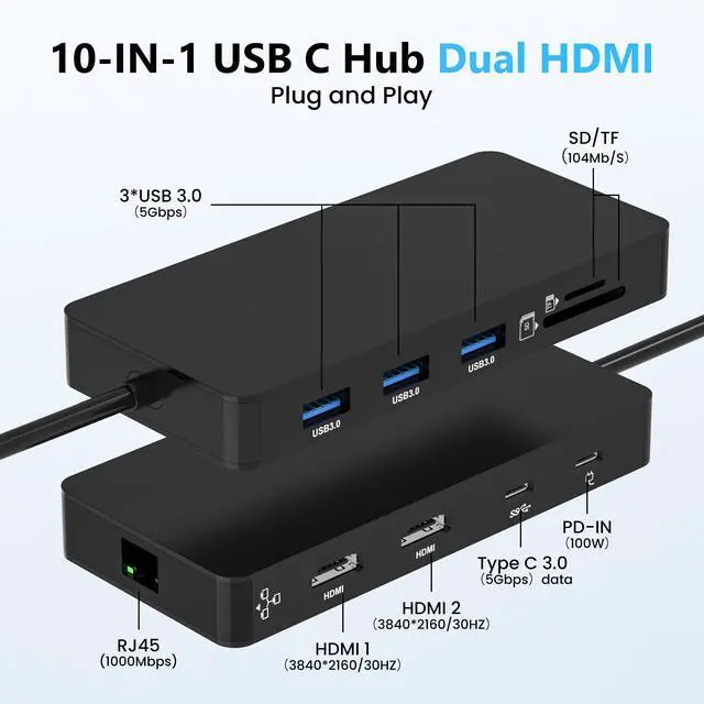 Alt view image 4 of 5 - Laptop Docking Station Dual 4K HDTV Monitor, Fophmo USB C to 2 HDTV Splitter Extended Display, 1000Mbps LAN, USB A&C 3.0 Ports(10Gbps), SD/TF Card, 100W PD Charging, MacOS Only Mirrors Same Screen