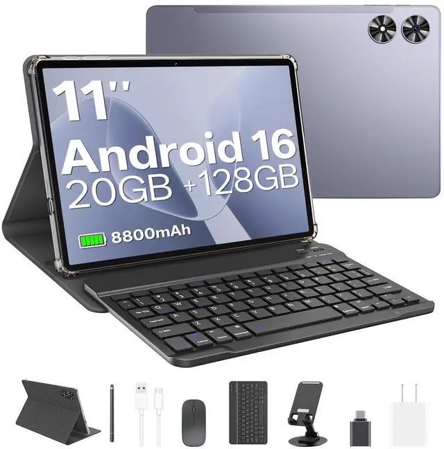 Main image of 2025 Android 16 Tablet with Keyboard, 20GB+128GB 11 Inch Octa-Core 2-in-1 Tablets Dual Camera 8+13 MP, 5G/2.4G WiFi, 8800mAh, BT5.0, GMS Certified, with Mouse, Case, Stylus, (Gray)