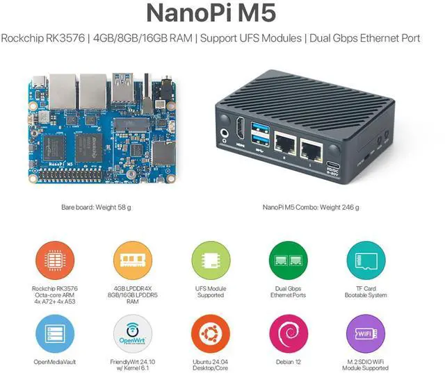 Alt view image 2 of 5 - FriendlyElec Nanopi M5 Portable Mini Router OpenWRT - LPDDR5 8GB/16GB RAM 6TOPS NPU, RK3576 SoC with Al Model, Dual Gbps Ethernet for IoT NAS Smart Gateway (with WiFi Module, 16GB, TF Card Kit)