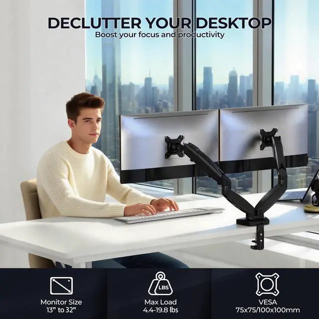 Alt view image 2 of 5 - NSY Audio Dual Monitor Arm Stand - Holds 2 Computer Screens up to 32 Inches & 20 lbs Each, Pneumatic Height Adjustable Desk Mount with Articulating Swivel Arms, Full Motion VESA Bracket