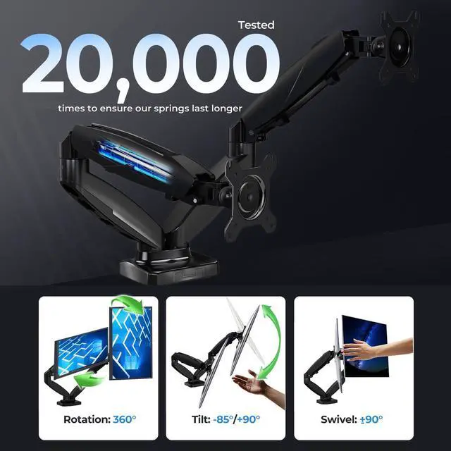 Alt view image 3 of 5 - NSY Audio Dual Monitor Arm Stand - Holds 2 Computer Screens up to 32 Inches & 20 lbs Each, Pneumatic Height Adjustable Desk Mount with Articulating Swivel Arms, Full Motion VESA Bracket