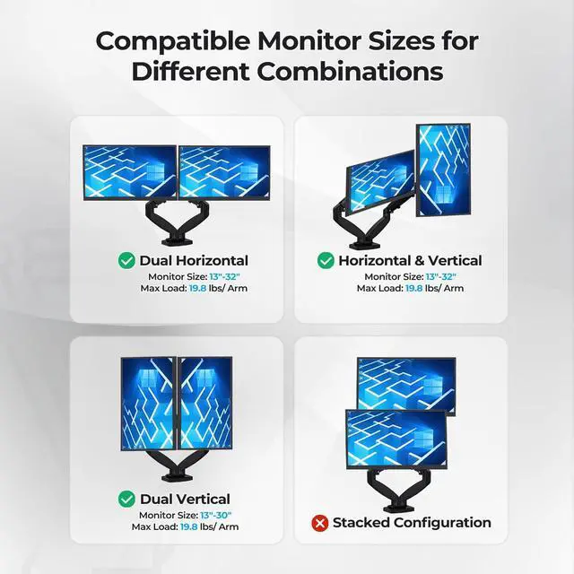 Alt view image 5 of 5 - NSY Audio Dual Monitor Arm Stand - Holds 2 Computer Screens up to 32 Inches & 20 lbs Each, Pneumatic Height Adjustable Desk Mount with Articulating Swivel Arms, Full Motion VESA Bracket