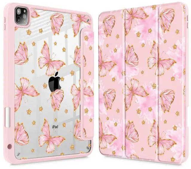Main image of Tuiklol for iPad Pro 11 Inch Case M2 2022 Gen 4th -Built-in Pencil Holder Shockproof Cover Clear Transparent Back Shell Fit for iPad 11 2021 2020 2018 Gen 3rd/2nd/1st for Kid,Pink Butterfly
