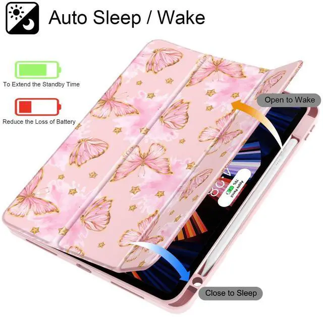 Alt view image 3 of 5 - Tuiklol for iPad Pro 11 Inch Case M2 2022 Gen 4th -Built-in Pencil Holder Shockproof Cover Clear Transparent Back Shell Fit for iPad 11 2021 2020 2018 Gen 3rd/2nd/1st for Kid,Pink Butterfly