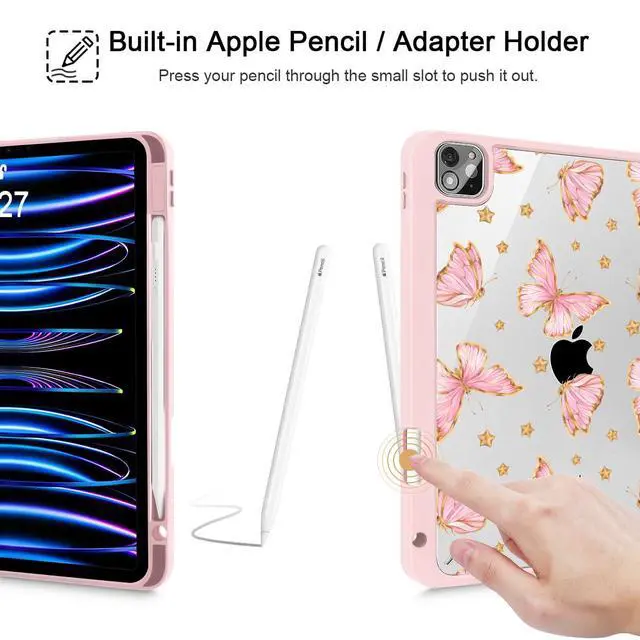 Alt view image 5 of 5 - Tuiklol for iPad Pro 11 Inch Case M2 2022 Gen 4th -Built-in Pencil Holder Shockproof Cover Clear Transparent Back Shell Fit for iPad 11 2021 2020 2018 Gen 3rd/2nd/1st for Kid,Pink Butterfly