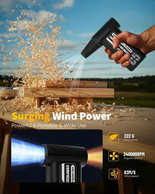 Alt view image 5 of 5 - NEVERLAND Reusable Air Blower - 240000RPM High-Speed Cordless Compressed Air Duster, 8-Speed Adjustable, Rechargeable Battery-Powered Dust Blower for Computer, Keyboard, Electronics, Car, Pet Hair