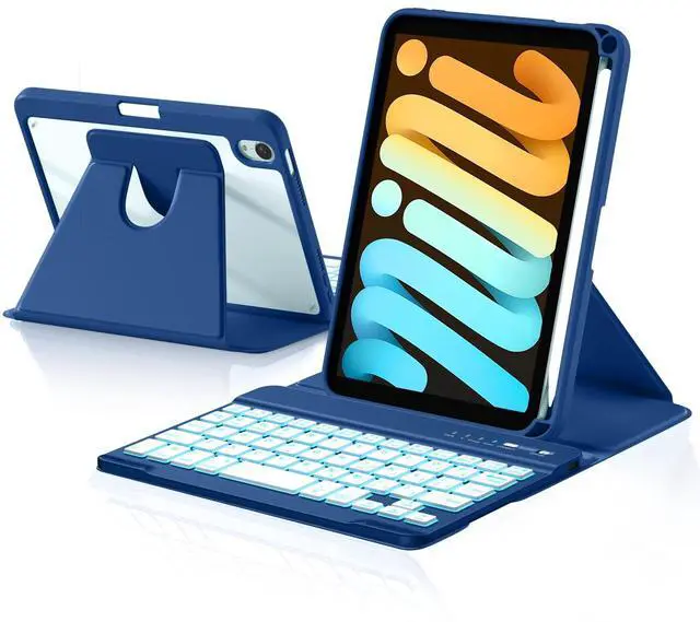 Main image of Harvopu for iPad mini 7 A17 Pro/6 Generation Keyboard Case 2024/2021 8.3 Inch,360° Rotating Clear Back Cover with 7 Color Backlit Detachable Keyboard, Pencil Holder for iPad mini 7th/6th Gen,NavyBlue