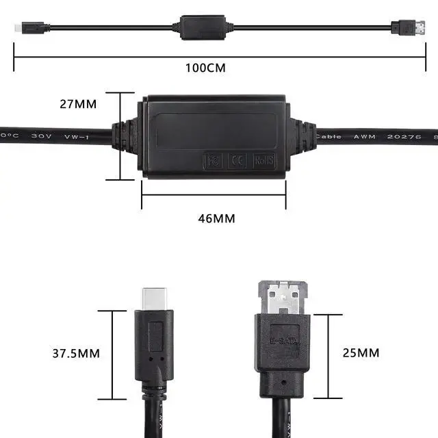 Alt view image 2 of 5 - XMSJSIY USB-C Type-C to eSATA Adapter Cable 5Gbps USB C to Power eSATA Converter Cable 5V for HDD/SSD/ODD Laptop PC - 3 ft/1M