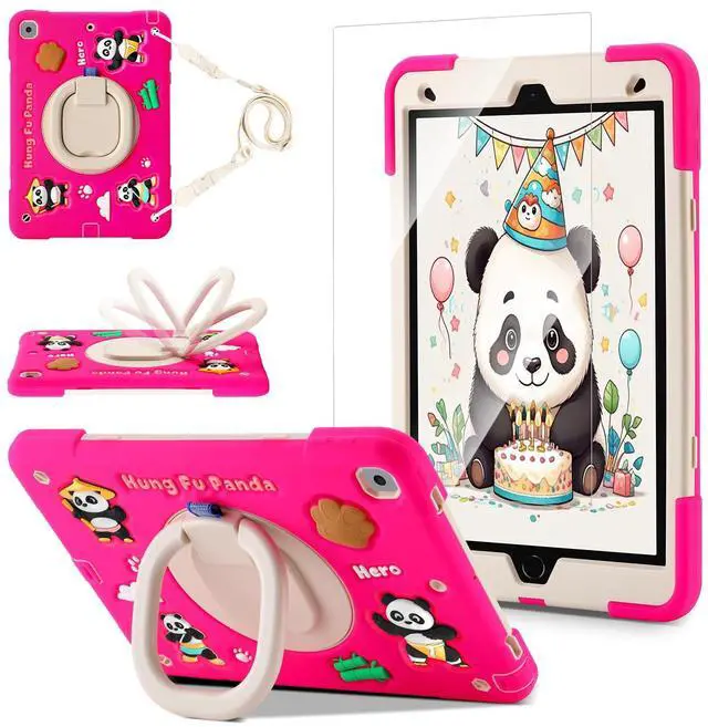 Main image of Case for iPad 9th/8th/7th Generation,Cute 3D Cool Panda Warrior Design Cover with Screen Protector, Rugged Protective Cartoon Case with Stand/Strap/Pen Slot for iPad 10.2 Kids Teens (Rose+White)